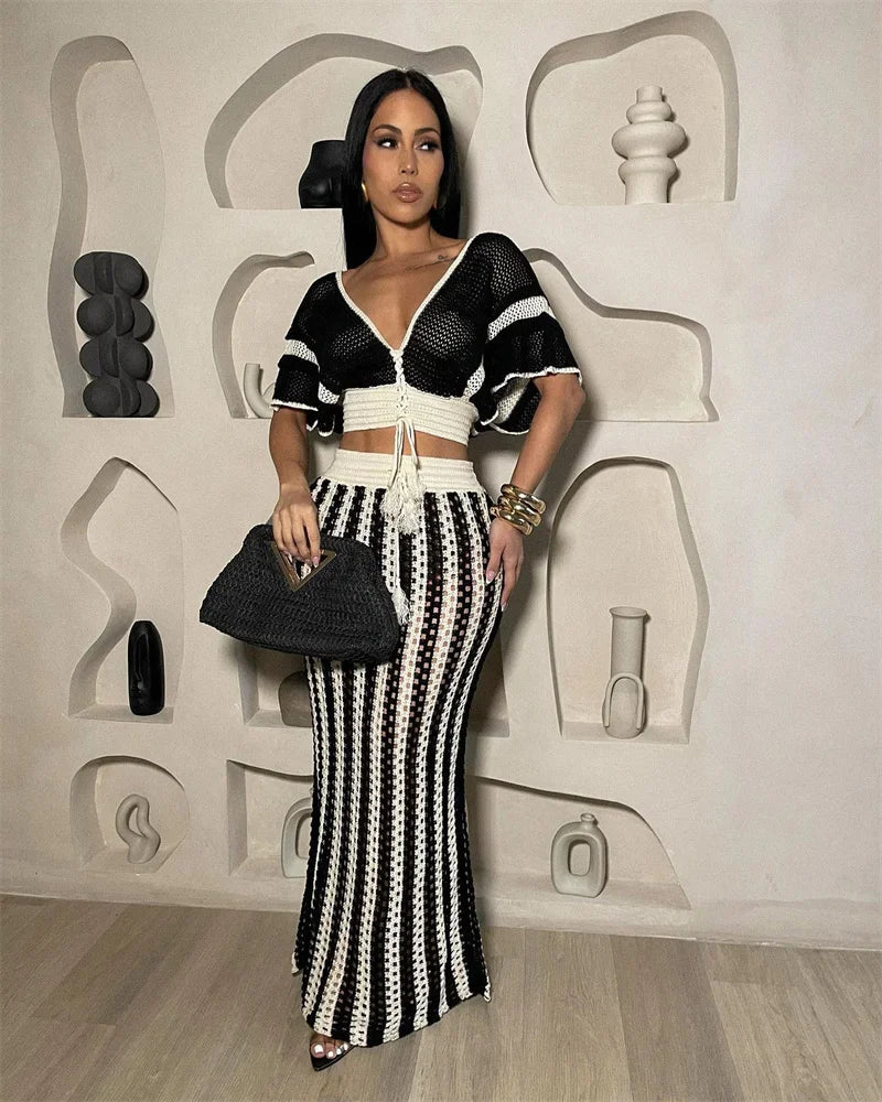 Striped Knitted Two Piece Set Women V Neck Hollow Out Crop Top and Long Maxi Skirt Clubwear Party Outfit