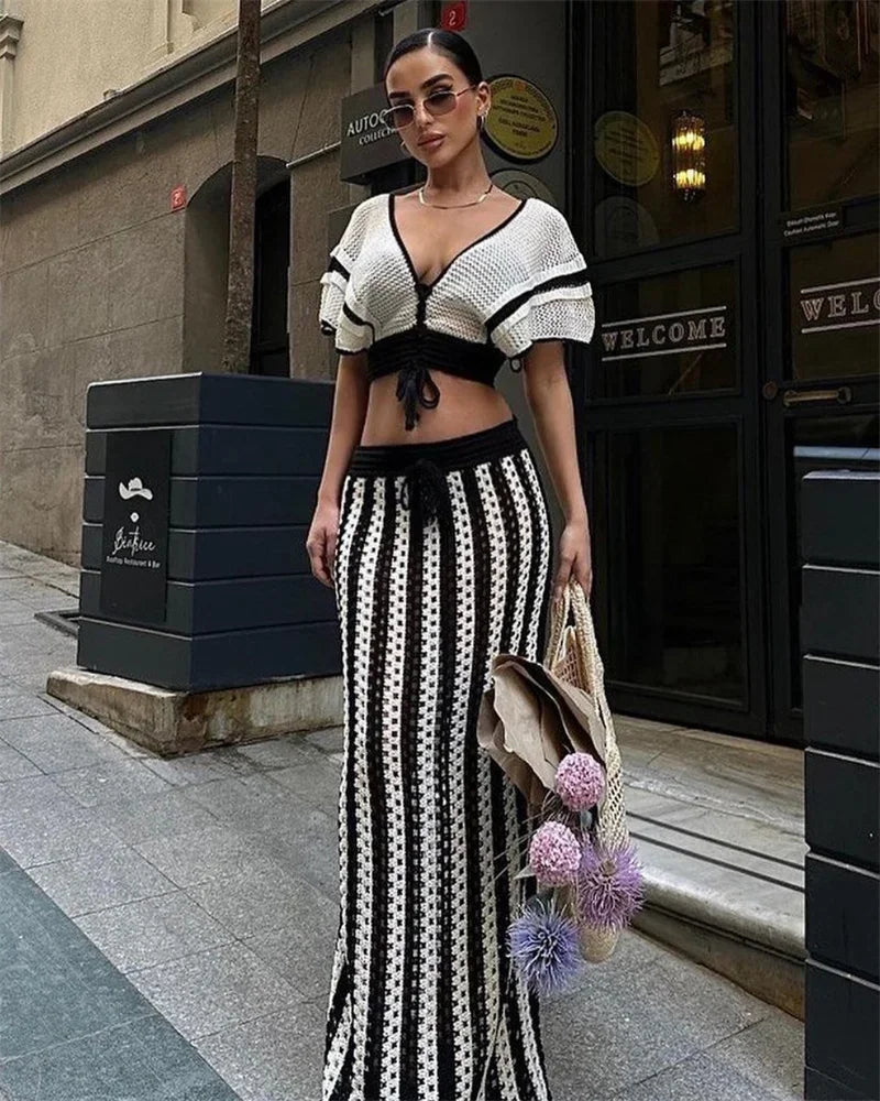 Striped Knitted Two Piece Set Women V Neck Hollow Out Crop Top and Long Maxi Skirt Clubwear Party Outfit