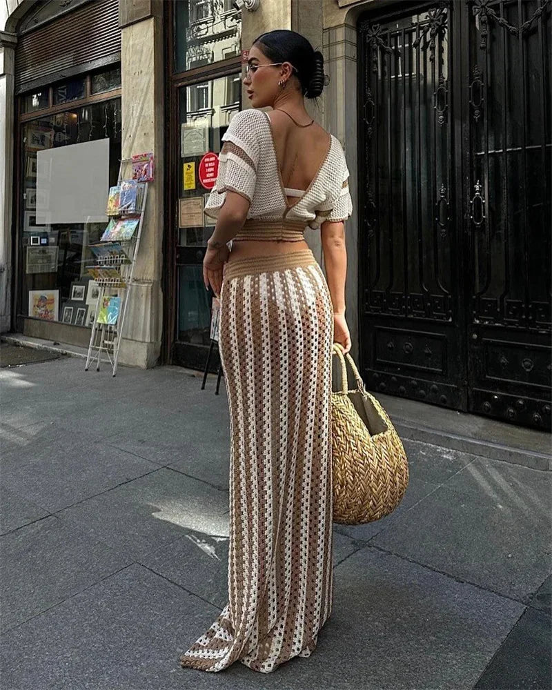 Striped Knitted Two Piece Set Women V Neck Hollow Out Crop Top and Long Maxi Skirt Clubwear Party Outfit