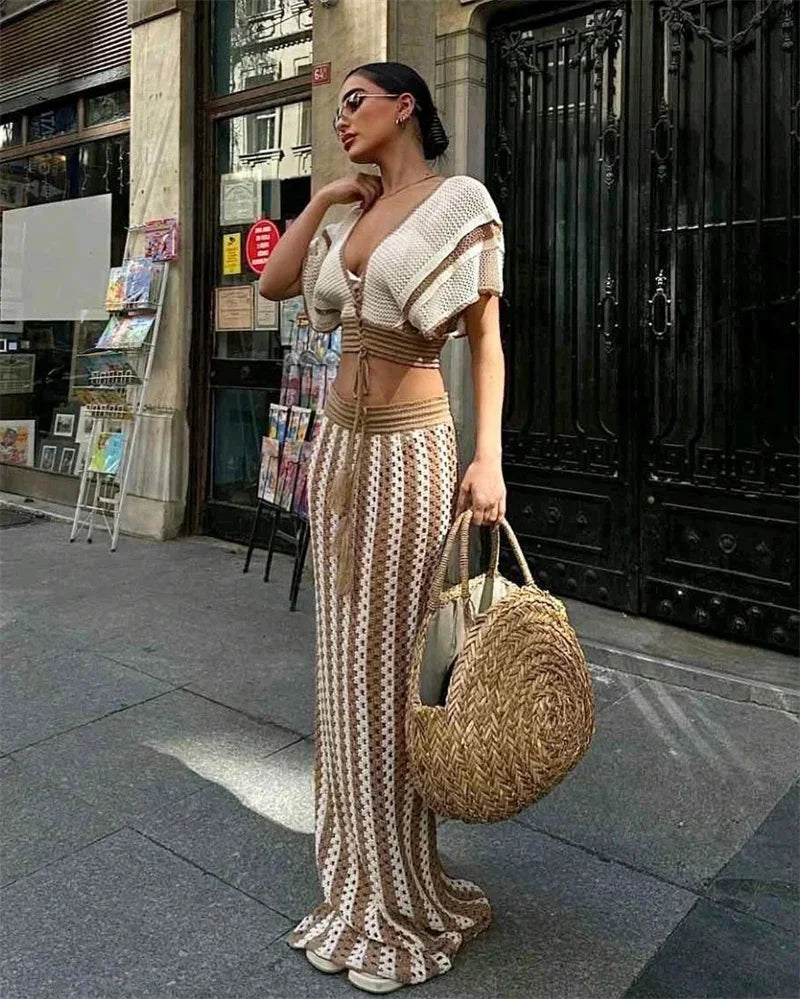 Striped Knitted Two Piece Set Women V Neck Hollow Out Crop Top and Long Maxi Skirt Clubwear Party Outfit