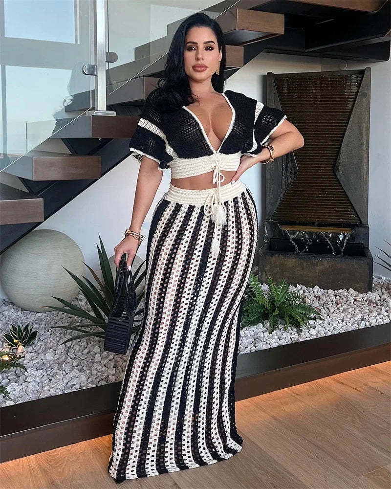 Striped Knitted Two Piece Set Women V Neck Hollow Out Crop Top and Long Maxi Skirt Clubwear Party Outfit