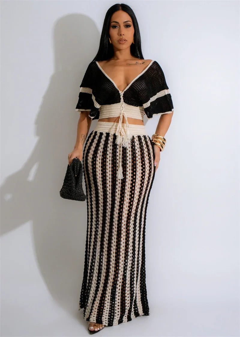 Striped Knitted Two Piece Set Women V Neck Hollow Out Crop Top and Long Maxi Skirt Clubwear Party Outfit