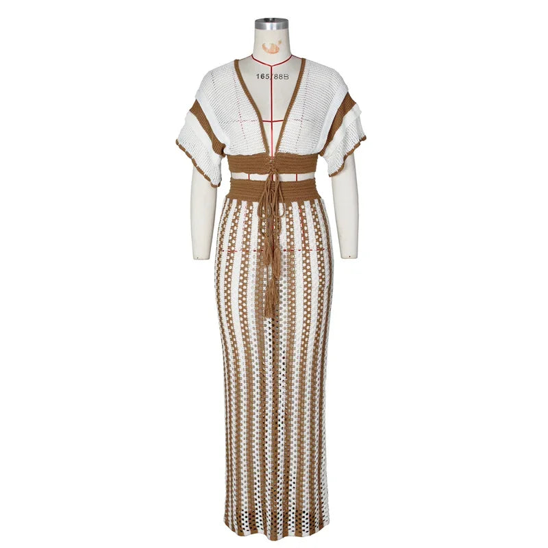 Striped Knitted Two Piece Set Women V Neck Hollow Out Crop Top and Long Maxi Skirt Clubwear Party Outfit