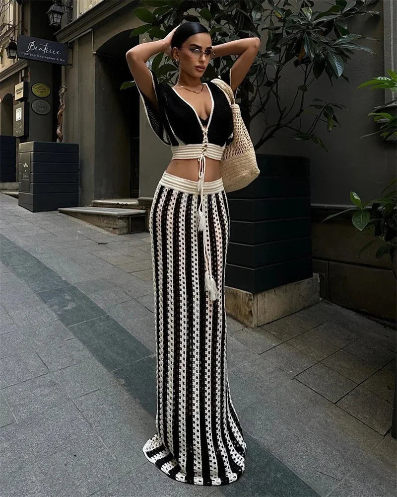 Striped Knitted Two Piece Set Women V Neck Hollow Out Crop Top and Long Maxi Skirt Clubwear Party Outfit