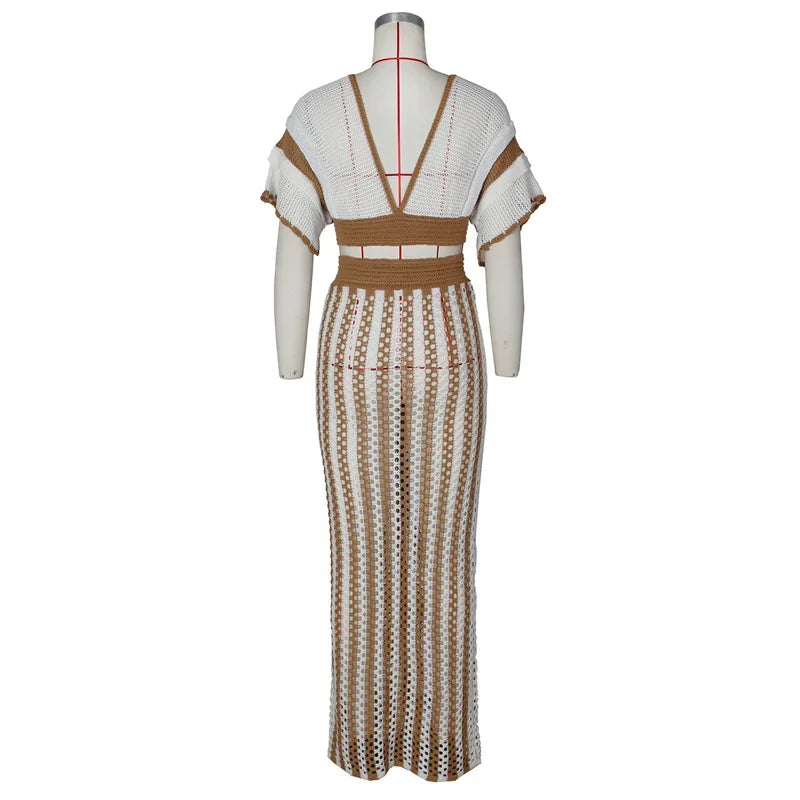 Striped Knitted Two Piece Set Women V Neck Hollow Out Crop Top and Long Maxi Skirt Clubwear Party Outfit