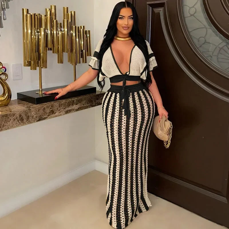 Striped Knitted Two Piece Set Women V Neck Hollow Out Crop Top and Long Maxi Skirt Clubwear Party Outfit