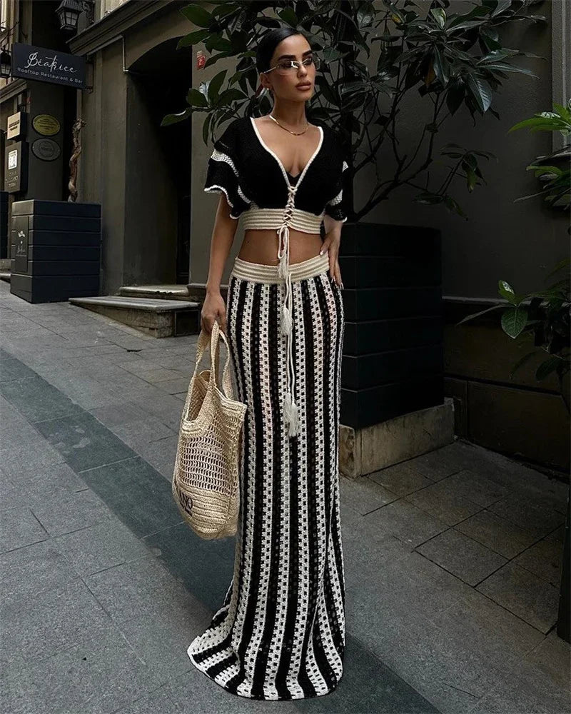 Striped Knitted Two Piece Set Women V Neck Hollow Out Crop Top and Long Maxi Skirt Clubwear Party Outfit