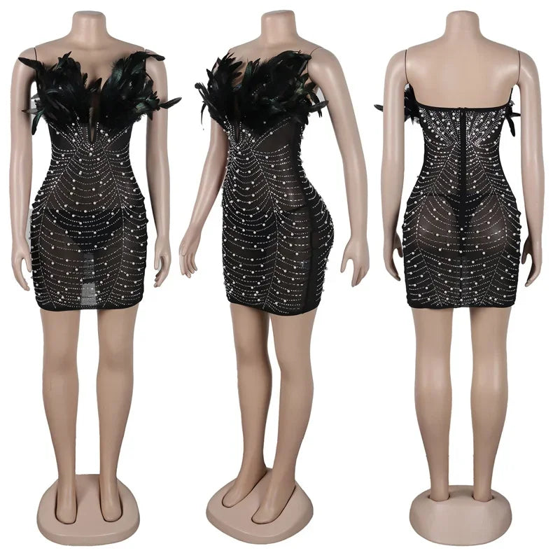 Elegant Backless Diamond Sheer Mesh Bodycon Dress with Feathers and Rhinestones for Nightlife and Celebrations