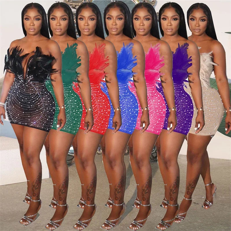 Elegant Backless Diamond Sheer Mesh Bodycon Dress with Feathers and Rhinestones for Nightlife and Celebrations