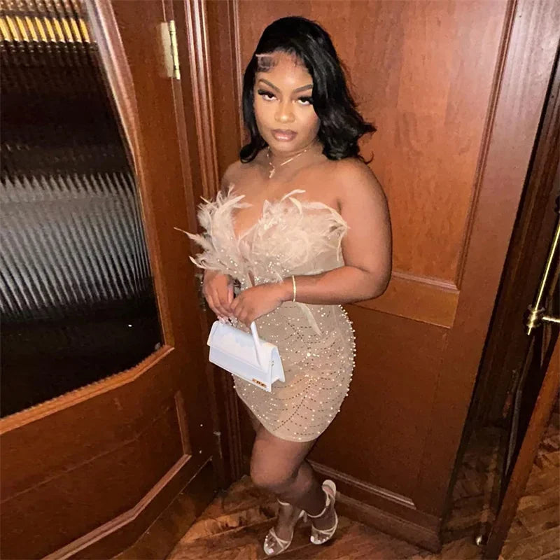 Elegant Backless Diamond Sheer Mesh Bodycon Dress with Feathers and Rhinestones for Nightlife and Celebrations