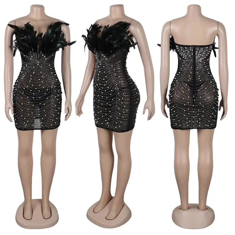 Elegant Backless Diamond Sheer Mesh Bodycon Dress with Feathers and Rhinestones for Nightlife and Celebrations