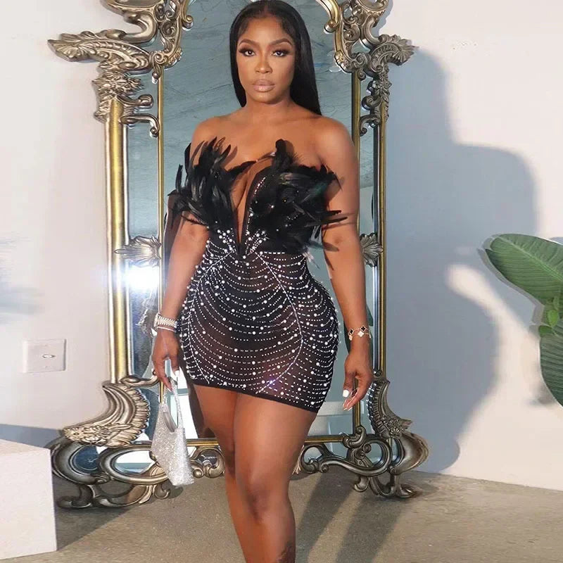 Elegant Backless Diamond Sheer Mesh Bodycon Dress with Feathers and Rhinestones for Nightlife and Celebrations