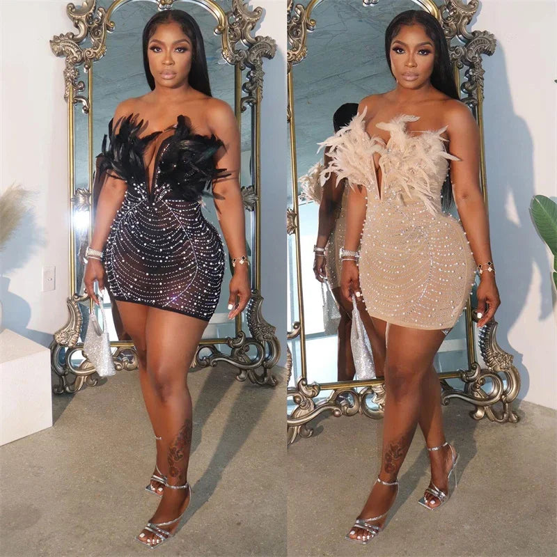 Elegant Backless Diamond Sheer Mesh Bodycon Dress with Feathers and Rhinestones for Nightlife and Celebrations