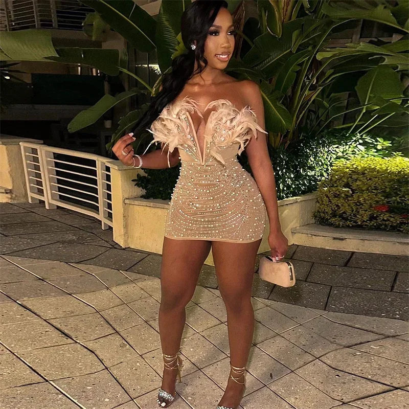 Elegant Backless Diamond Sheer Mesh Bodycon Dress with Feathers and Rhinestones for Nightlife and Celebrations