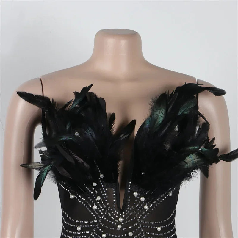 Elegant Backless Diamond Sheer Mesh Bodycon Dress with Feathers and Rhinestones for Nightlife and Celebrations