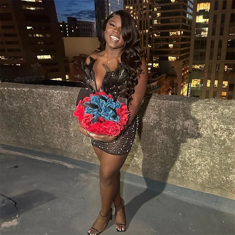 Elegant Backless Diamond Sheer Mesh Bodycon Dress with Feathers and Rhinestones for Nightlife and Celebrations