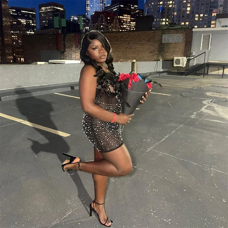 Elegant Backless Diamond Sheer Mesh Bodycon Dress with Feathers and Rhinestones for Nightlife and Celebrations