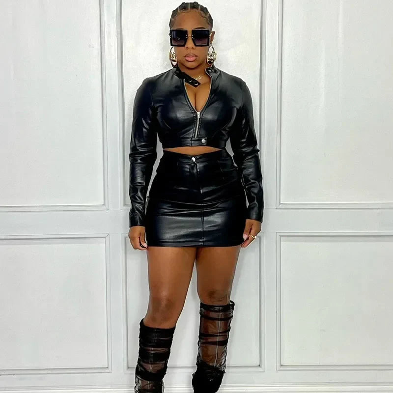 PU Faux Leather Two Piece Dress Set for Women Long Sleeve Moto Biker Jacket with Mini Skirt Autumn Outfit Matching Set