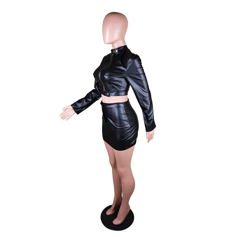 PU Faux Leather Two Piece Dress Set for Women Long Sleeve Moto Biker Jacket with Mini Skirt Autumn Outfit Matching Set