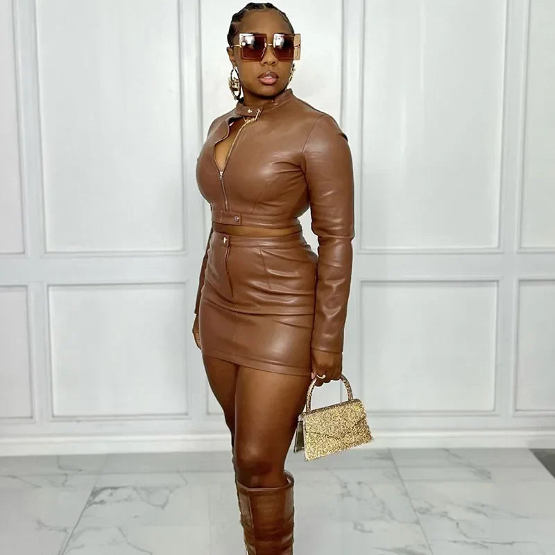 PU Faux Leather Two Piece Dress Set for Women Long Sleeve Moto Biker Jacket with Mini Skirt Autumn Outfit Matching Set