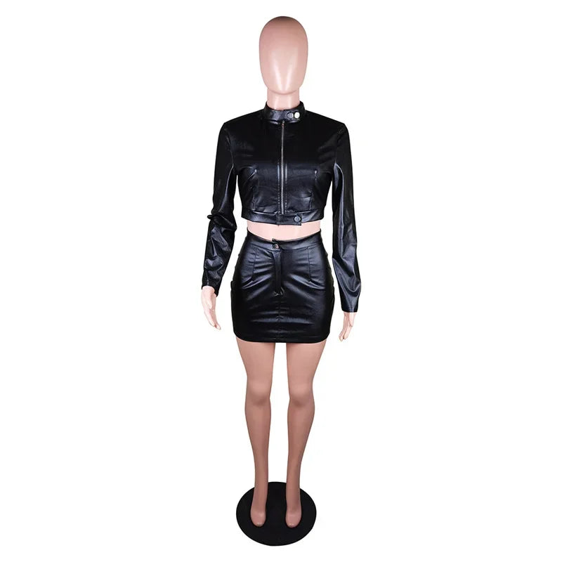 PU Faux Leather Two Piece Dress Set for Women Long Sleeve Moto Biker Jacket with Mini Skirt Autumn Outfit Matching Set