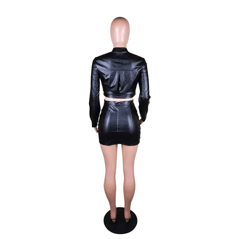 PU Faux Leather Two Piece Dress Set for Women Long Sleeve Moto Biker Jacket with Mini Skirt Autumn Outfit Matching Set