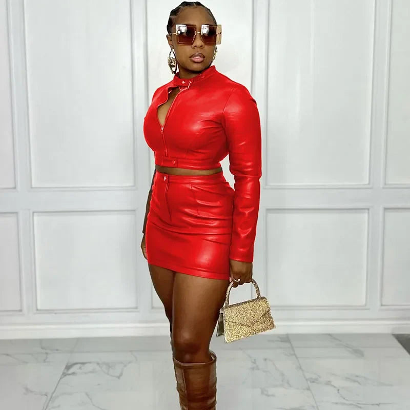 PU Faux Leather Two Piece Dress Set for Women Long Sleeve Moto Biker Jacket with Mini Skirt Autumn Outfit Matching Set
