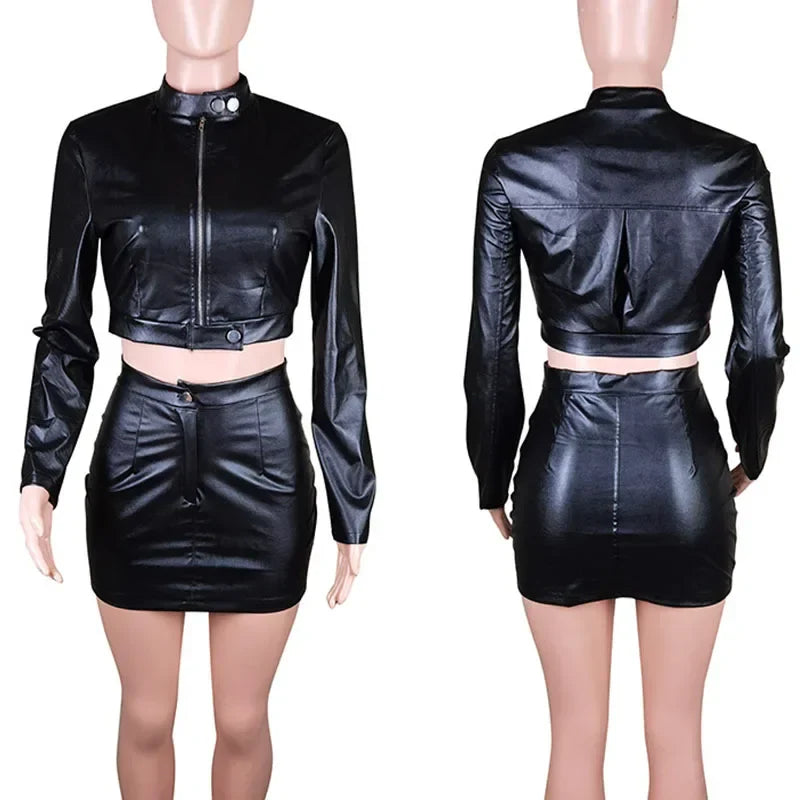 PU Faux Leather Two Piece Dress Set for Women Long Sleeve Moto Biker Jacket with Mini Skirt Autumn Outfit Matching Set