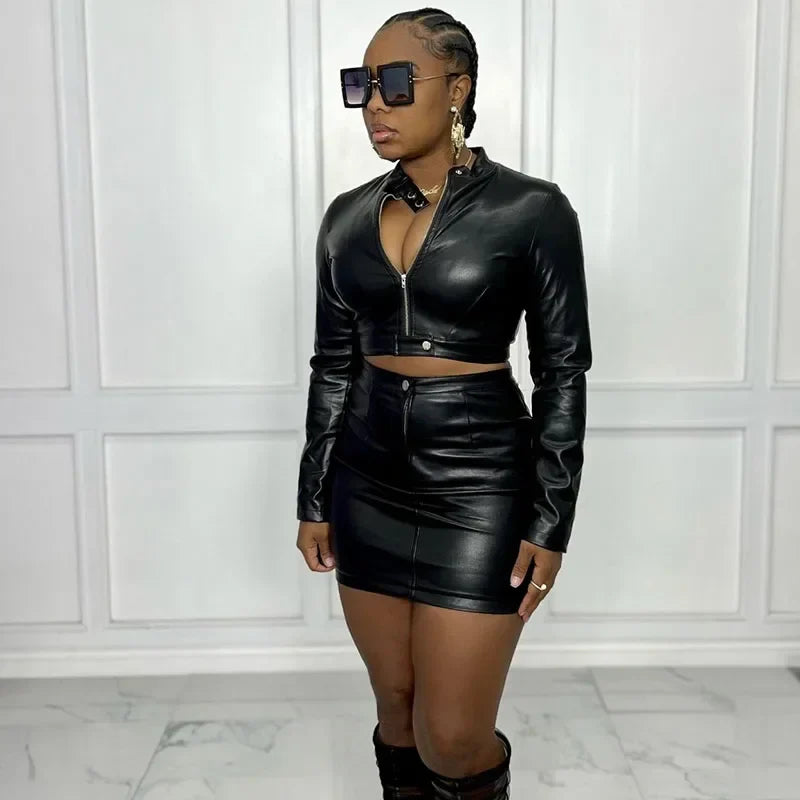 PU Faux Leather Two Piece Dress Set for Women Long Sleeve Moto Biker Jacket with Mini Skirt Autumn Outfit Matching Set