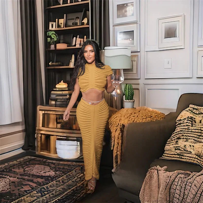 Sexy Knitted Striped Two Piece Set for Women Sheer Crop Top and Long Skirt Elegant Nightclub Outfit Y2K Inspired Birthday Party Ensemble