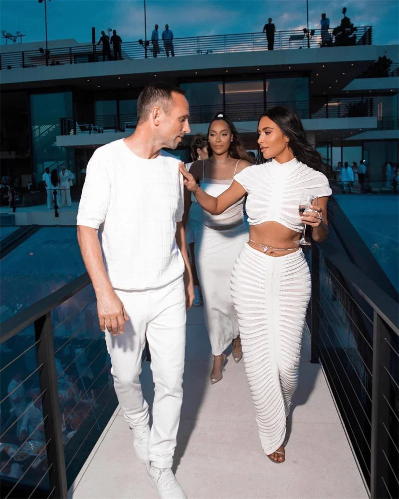 Sexy Knitted Striped Two Piece Set for Women Sheer Crop Top and Long Skirt Elegant Nightclub Outfit Y2K Inspired Birthday Party Ensemble