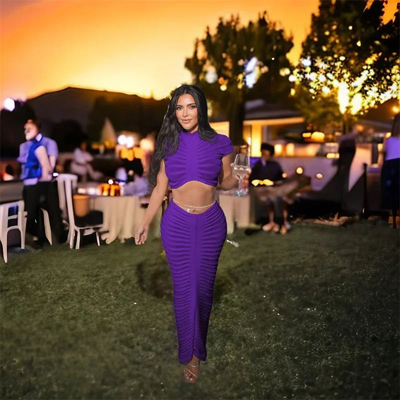 Sexy Knitted Striped Two Piece Set for Women Sheer Crop Top and Long Skirt Elegant Nightclub Outfit Y2K Inspired Birthday Party Ensemble