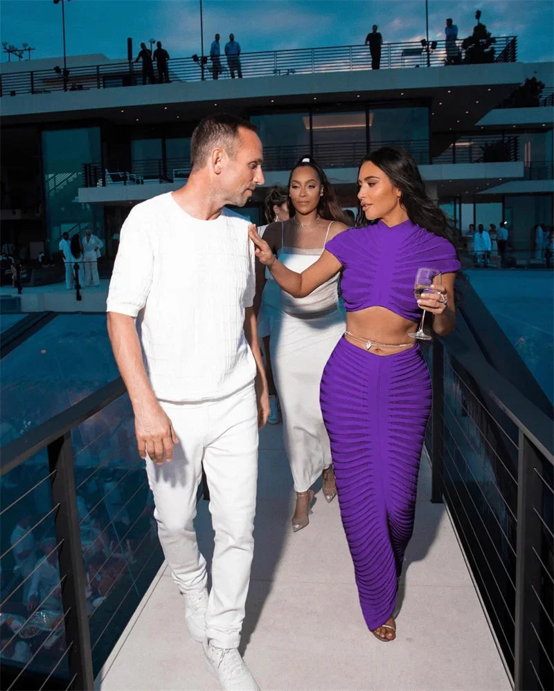 Sexy Knitted Striped Two Piece Set for Women Sheer Crop Top and Long Skirt Elegant Nightclub Outfit Y2K Inspired Birthday Party Ensemble