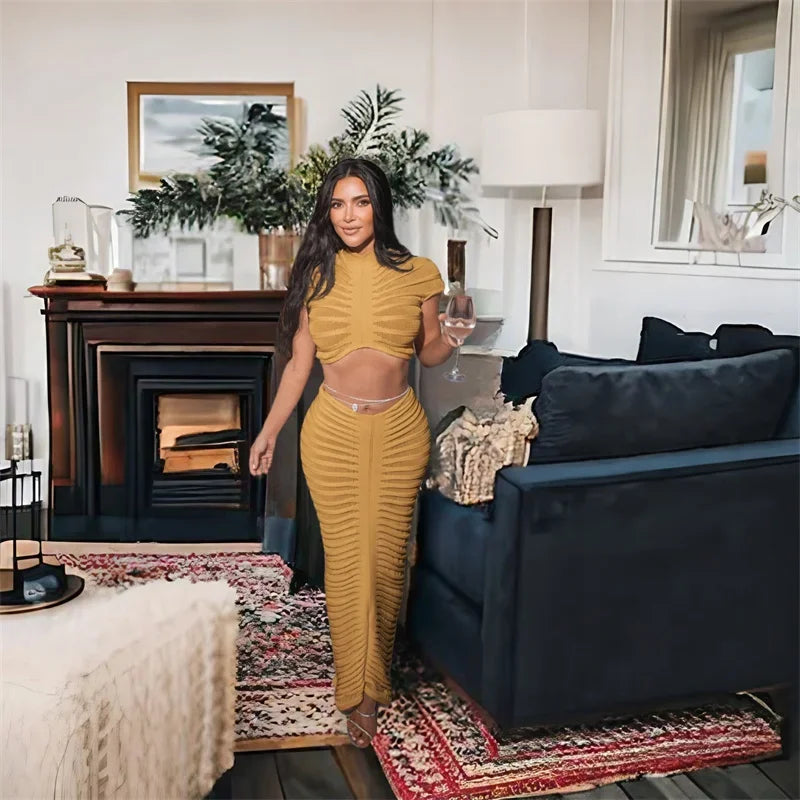 Sexy Knitted Striped Two Piece Set for Women Sheer Crop Top and Long Skirt Elegant Nightclub Outfit Y2K Inspired Birthday Party Ensemble