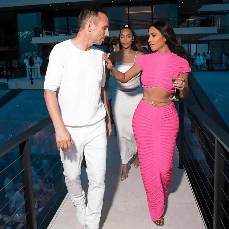 Sexy Knitted Striped Two Piece Set for Women Sheer Crop Top and Long Skirt Elegant Nightclub Outfit Y2K Inspired Birthday Party Ensemble