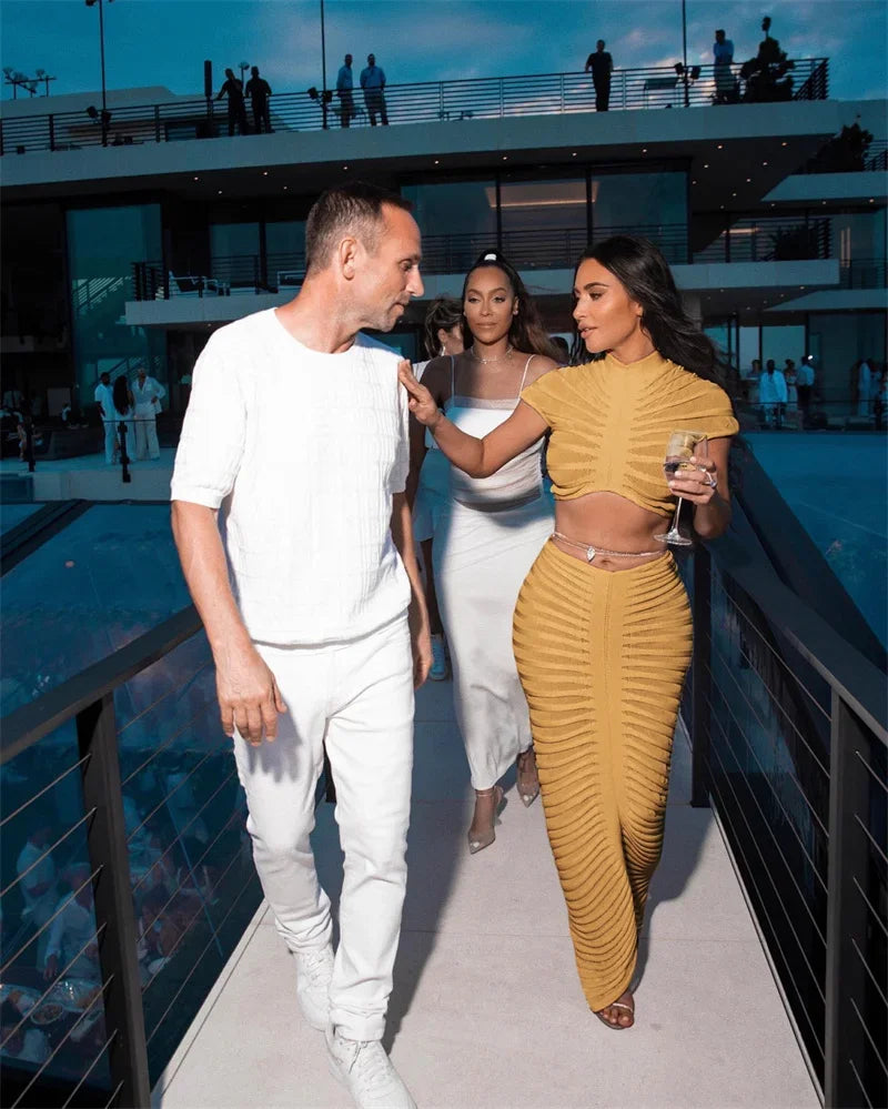 Sexy Knitted Striped Two Piece Set for Women Sheer Crop Top and Long Skirt Elegant Nightclub Outfit Y2K Inspired Birthday Party Ensemble