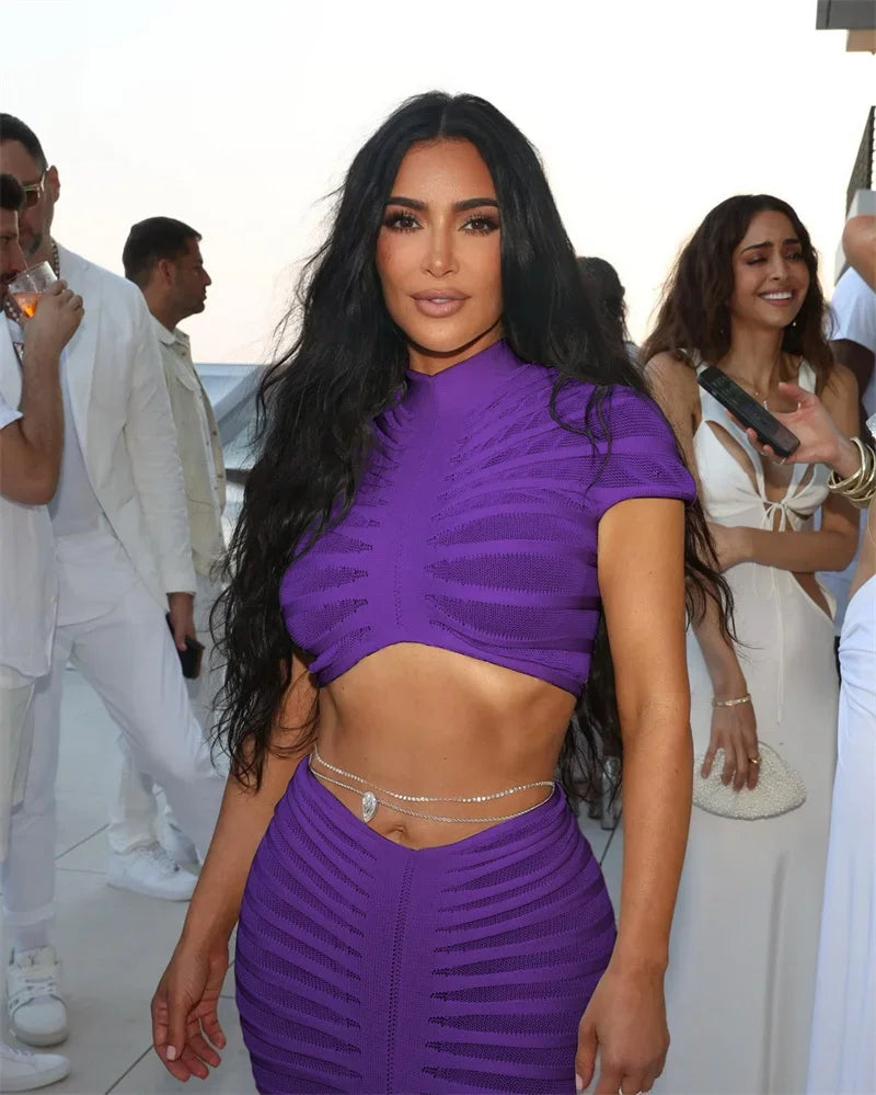 Sexy Knitted Striped Two Piece Set for Women Sheer Crop Top and Long Skirt Elegant Nightclub Outfit Y2K Inspired Birthday Party Ensemble