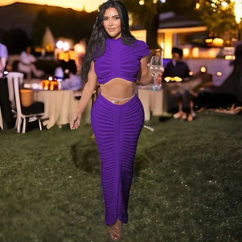 Sexy Knitted Striped Two Piece Set for Women Sheer Crop Top and Long Skirt Elegant Nightclub Outfit Y2K Inspired Birthday Party Ensemble