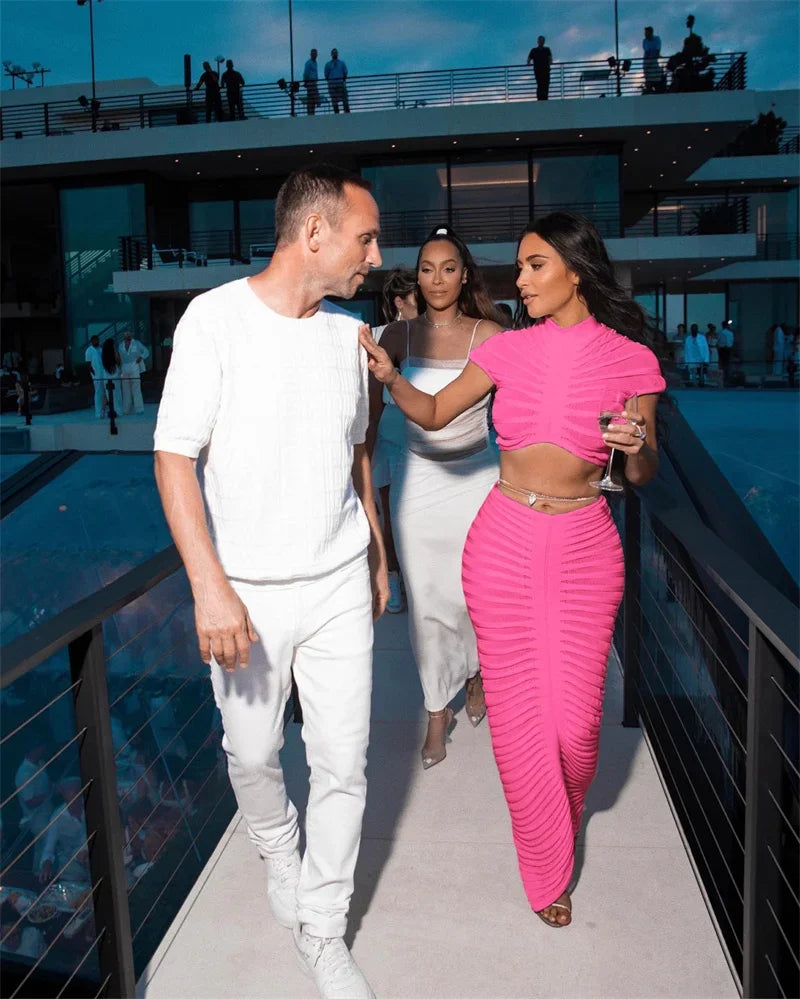 Sexy Knitted Striped Two Piece Set for Women Sheer Crop Top and Long Skirt Elegant Nightclub Outfit Y2K Inspired Birthday Party Ensemble