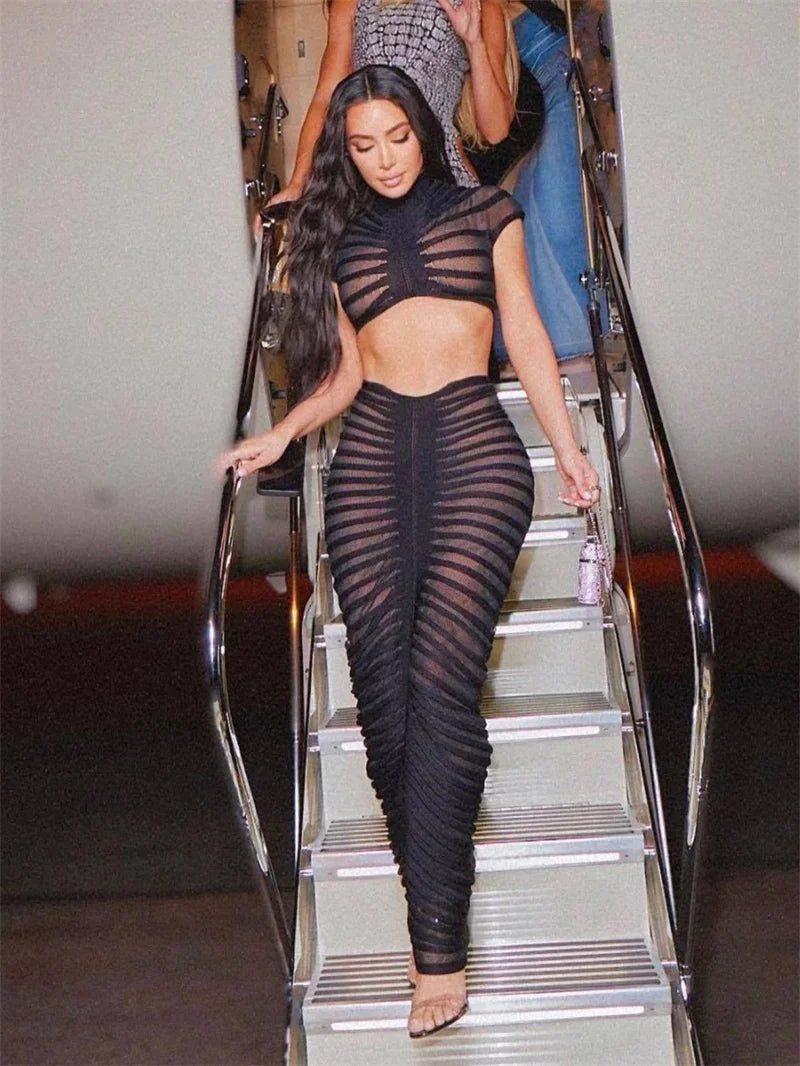 Sexy Knitted Striped Two Piece Set for Women Sheer Crop Top and Long Skirt Elegant Nightclub Outfit Y2K Inspired Birthday Party Ensemble