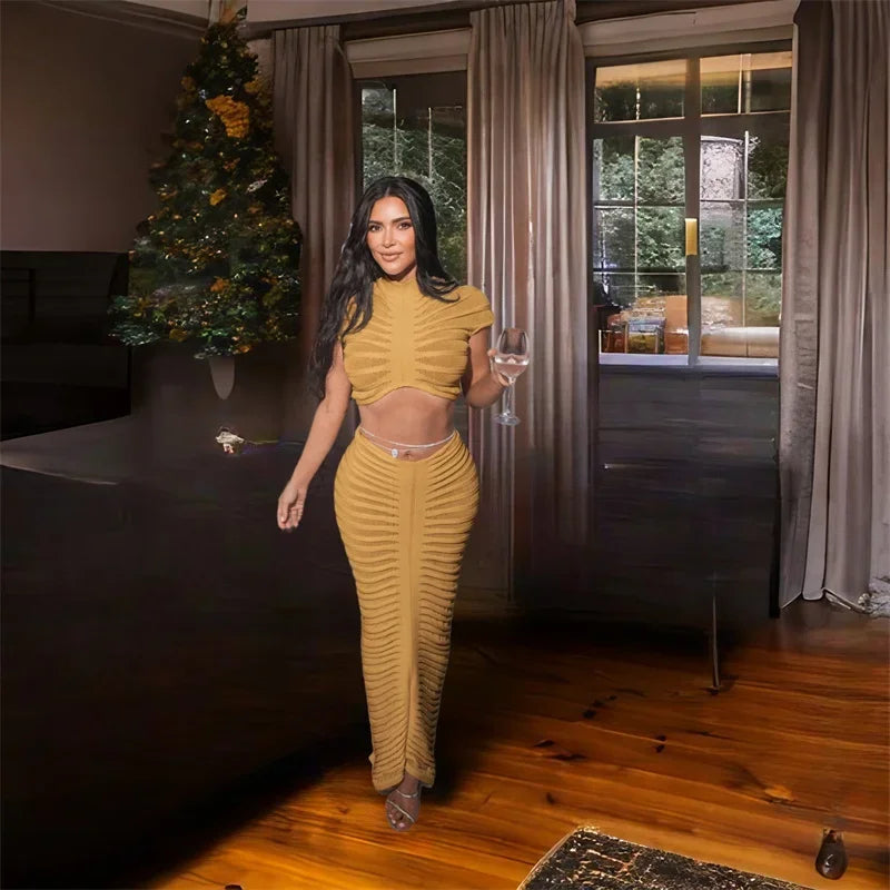 Sexy Knitted Striped Two Piece Set for Women Sheer Crop Top and Long Skirt Elegant Nightclub Outfit Y2K Inspired Birthday Party Ensemble