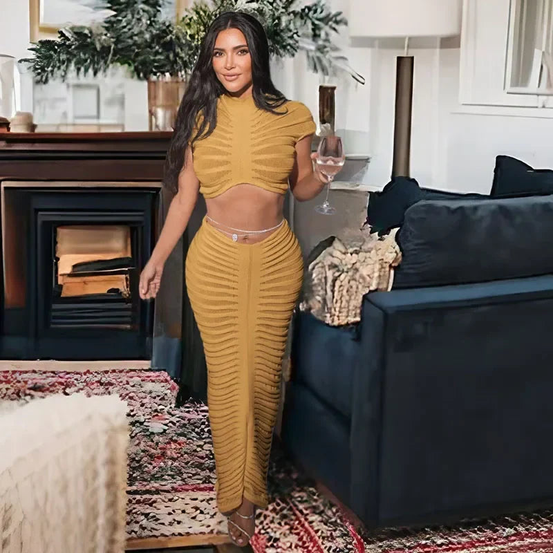 Sexy Knitted Striped Two Piece Set for Women Sheer Crop Top and Long Skirt Elegant Nightclub Outfit Y2K Inspired Birthday Party Ensemble