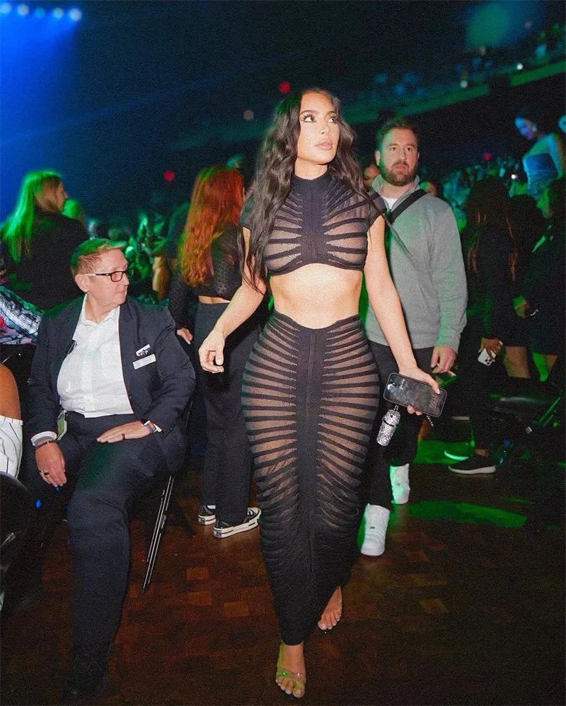 Sexy Knitted Striped Two Piece Set for Women Sheer Crop Top and Long Skirt Elegant Nightclub Outfit Y2K Inspired Birthday Party Ensemble