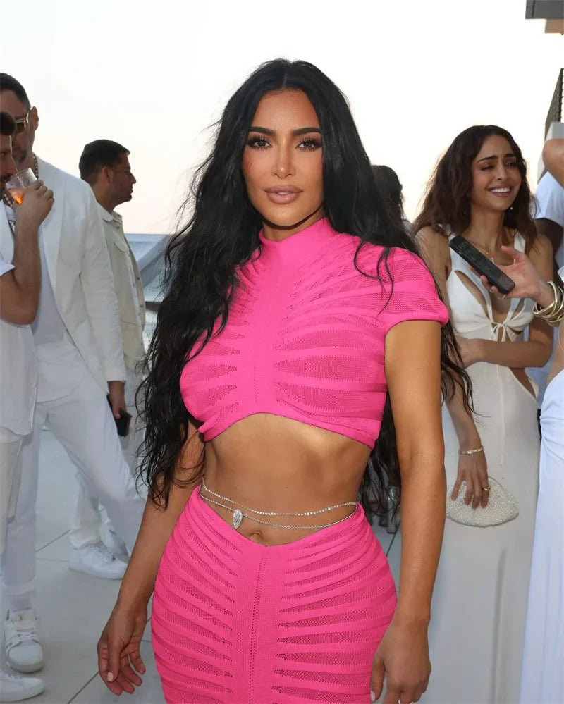 Sexy Knitted Striped Two Piece Set for Women Sheer Crop Top and Long Skirt Elegant Nightclub Outfit Y2K Inspired Birthday Party Ensemble