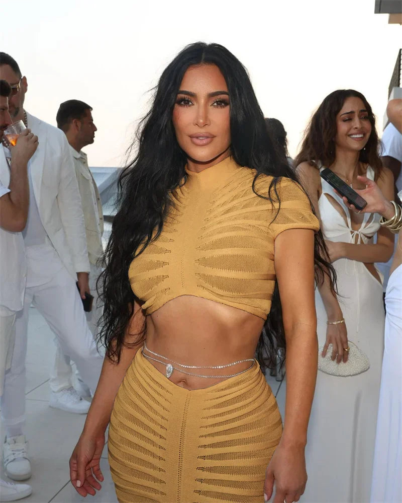 Sexy Knitted Striped Two Piece Set for Women Sheer Crop Top and Long Skirt Elegant Nightclub Outfit Y2K Inspired Birthday Party Ensemble