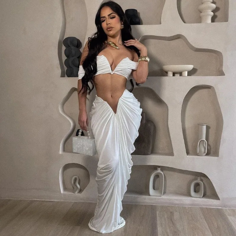 Sexy Party Night Two Piece Set Women Ruched Maxi Dress Slash Neck Crop Top and Long Skirt Club Outfits Matching Set