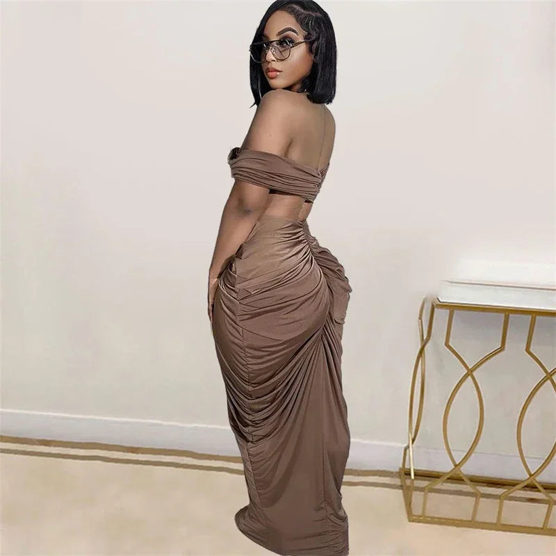 Sexy Party Night Two Piece Set Women Ruched Maxi Dress Slash Neck Crop Top and Long Skirt Club Outfits Matching Set