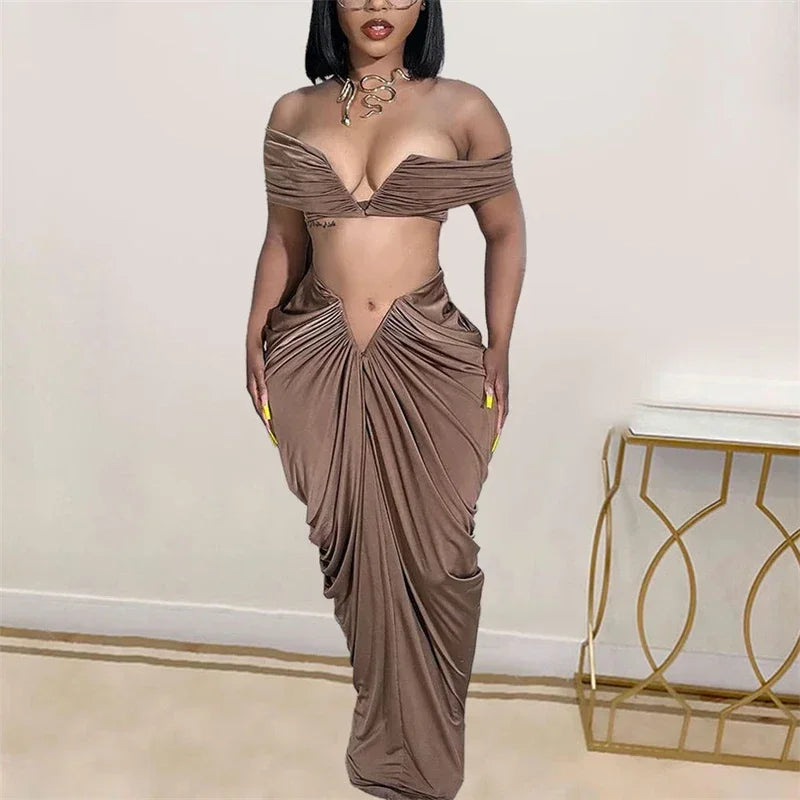 Sexy Party Night Two Piece Set Women Ruched Maxi Dress Slash Neck Crop Top and Long Skirt Club Outfits Matching Set