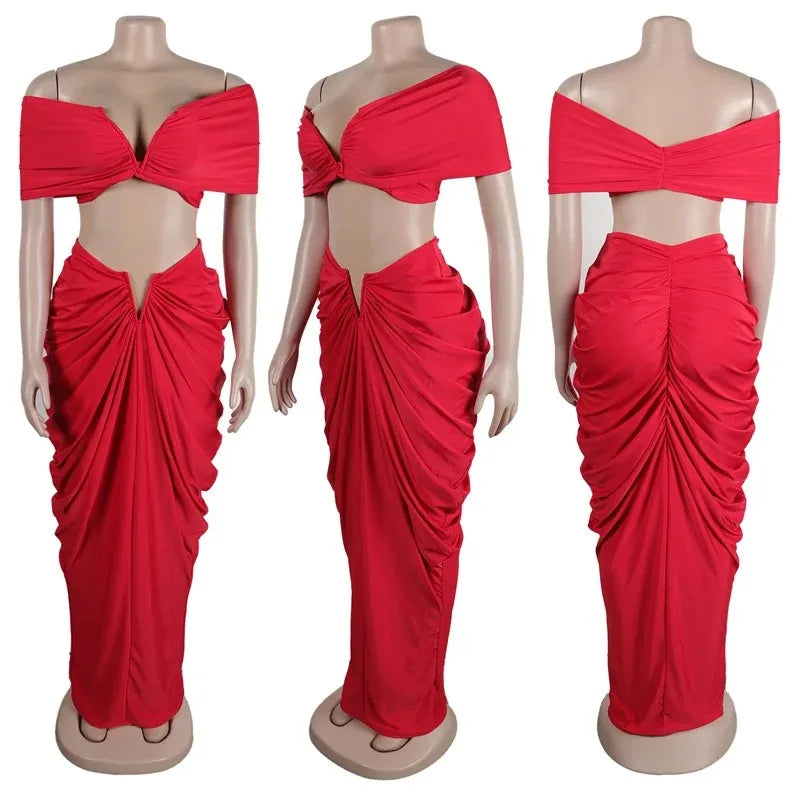 Sexy Party Night Two Piece Set Women Ruched Maxi Dress Slash Neck Crop Top and Long Skirt Club Outfits Matching Set