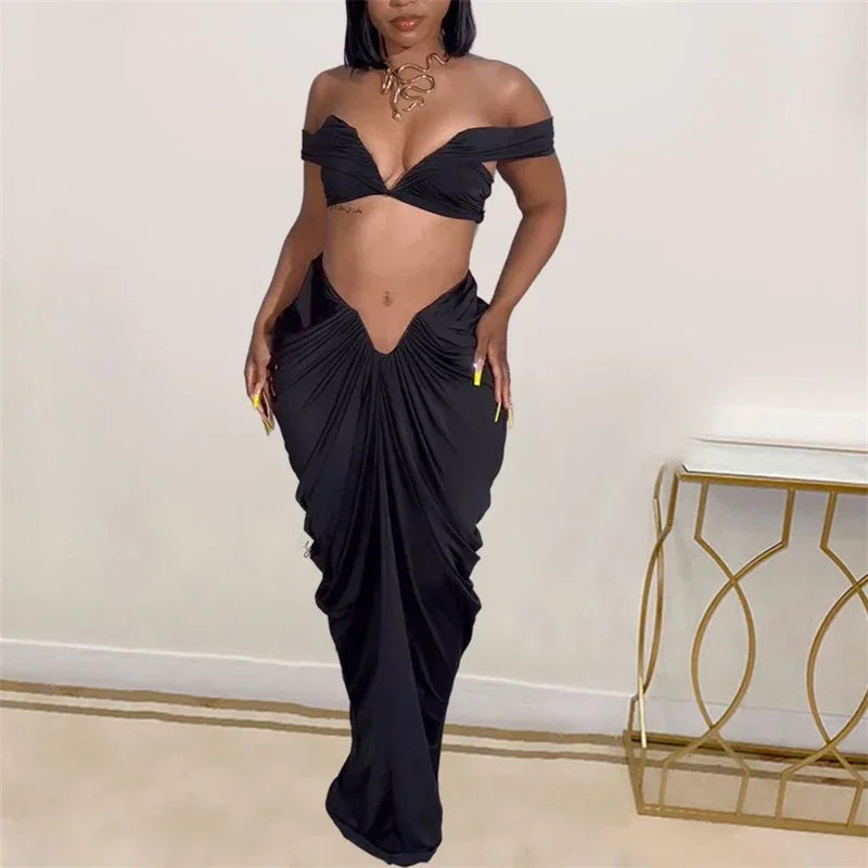 Sexy Party Night Two Piece Set Women Ruched Maxi Dress Slash Neck Crop Top and Long Skirt Club Outfits Matching Set